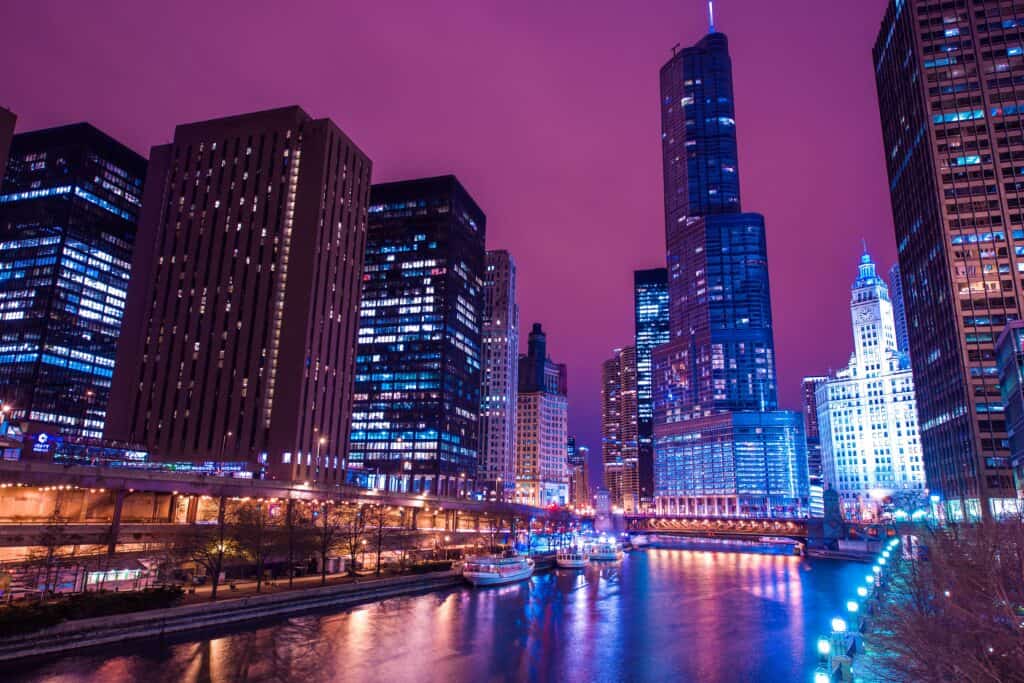 Colorful Chicago River Reflection and Downtown Night Scenery. Chicago